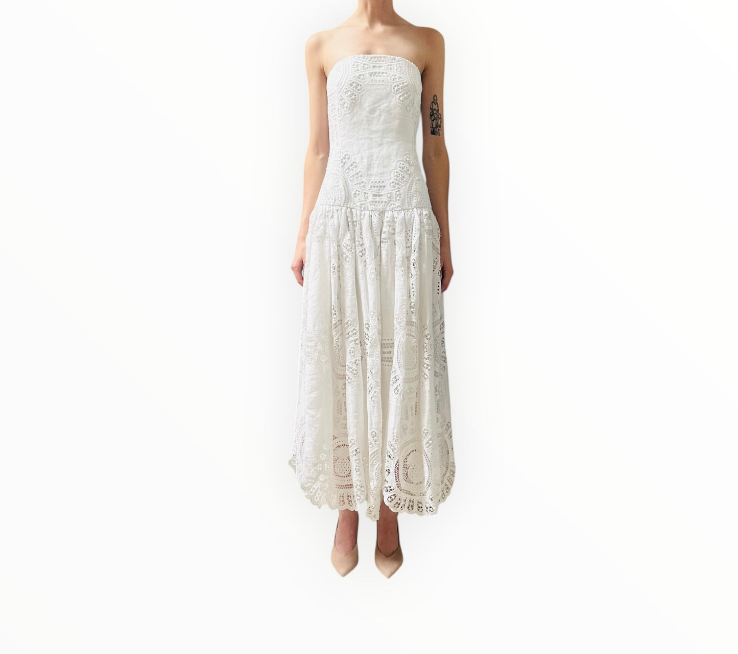 Zimmermann Strapless Embroidered Midi Dress -White - Size 3