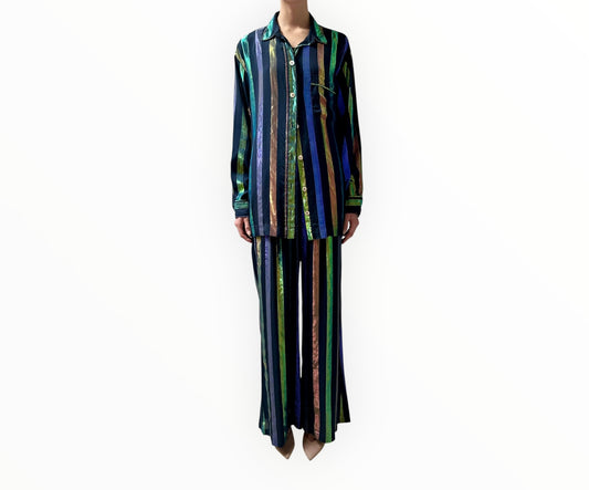 Forte Forte Metallic Stripe Shirt and Pant Set - Black Multi - Size S