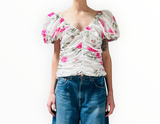 Maggie Marilyn Ruched Top - White/Pink - Size AU12